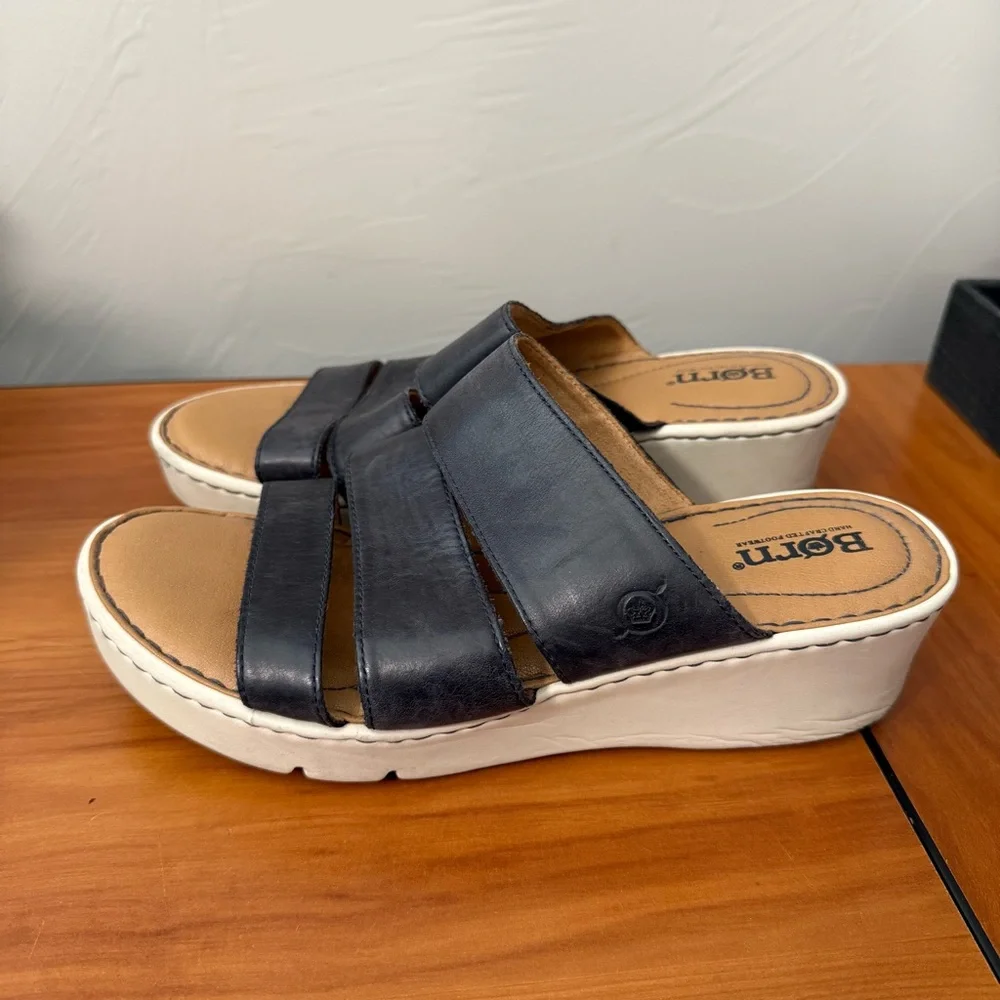 Born Khela Wedge Slip On Sandal Black Comfort Casual Leather 8M